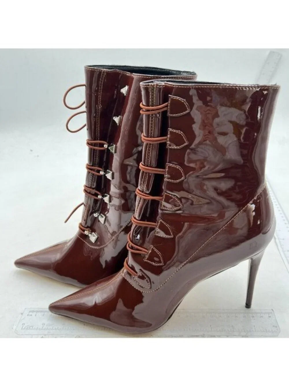 FSJ Women Thin High Heel Ankle Boots Lace up Studded Stilettos Booties Brown